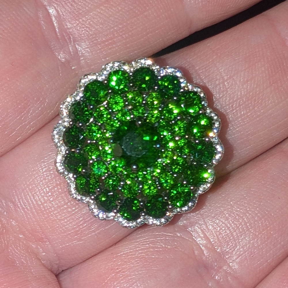 Green Chrome Diopside and White Zircon Gemstone Ring Sterling Silver